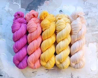 Firefly Gradient Set, Hand Dyed Yarn / Handdyed yarn, Sock Yarn, Wool yarn - Pink, Orange, and Yellow - 5 skeins, 100g each