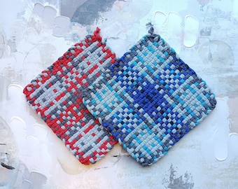 Flannel Style Large Cotton Potholder Trivet with loop, Hot Pad, 100% Cotton, Machine Washable, Set of 2