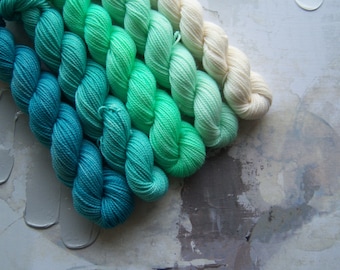 Seafoam Gradient Set, Hand Dyed Yarn / Handdyed yarn, Sock Yarn, Wool yarn - Teal, Mint, and White gradient - 10g and 20g sets