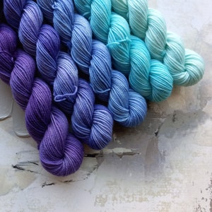 Winter Chill gradient set, Hand Dyed Yarn / Handdyed yarn, Sock Yarn, Wool yarn - Purples, Blues - Fingering Weight 10g, 20g, and 50g sets