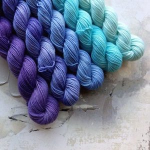 Winter Chill gradient set, Hand Dyed Yarn / Handdyed yarn, Sock Yarn, Wool yarn Purples, Blues Fingering Weight 10g, 20g, and 50g sets image 1