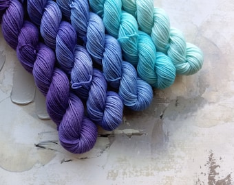 Winter Chill gradient set, Hand Dyed Yarn / Handdyed yarn, Sock Yarn, Wool yarn - Purples, Blues - Fingering Weight 10g, 20g, and 50g sets