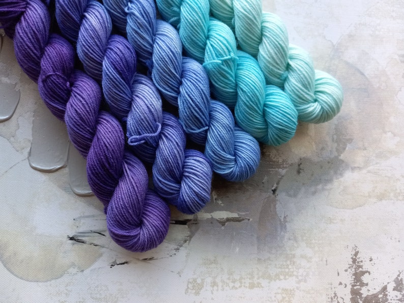 Winter Chill gradient set, Hand Dyed Yarn / Handdyed yarn, Sock Yarn, Wool yarn Purples, Blues Fingering Weight 10g, 20g, and 50g sets image 1