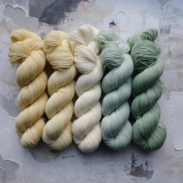Sunrise Gradient Set, Hand Dyed Yarn / Handdyed yarn, Sock Yarn, Wool yarn, - Tan to Jade Green Gradient - 5 skeins, 100g each
