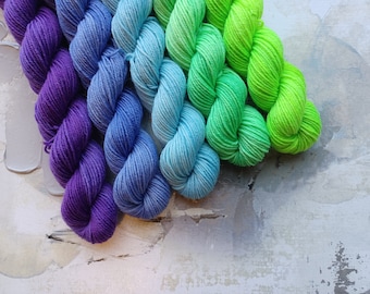 Hummingbird gradient set, Hand Dyed Yarn / Handdyed yarn, Sock Yarn, Wool yarn - Green, Blue, Purple - 10g, 20g, and 50g sets