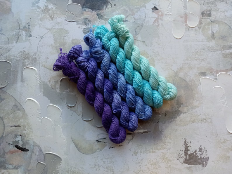 Winter Chill gradient set, Hand Dyed Yarn / Handdyed yarn, Sock Yarn, Wool yarn Purples, Blues Fingering Weight 10g, 20g, and 50g sets image 2
