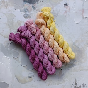 Puede incluir: Cinco ovillos de hilo teñido a mano en un degradado de colores. El hilo es una mezcla de tonos rosas y amarillos, con los tonos rosas pasando de un morado oscuro a un rosa claro. El hilo está dispuesto en forma de abanico.