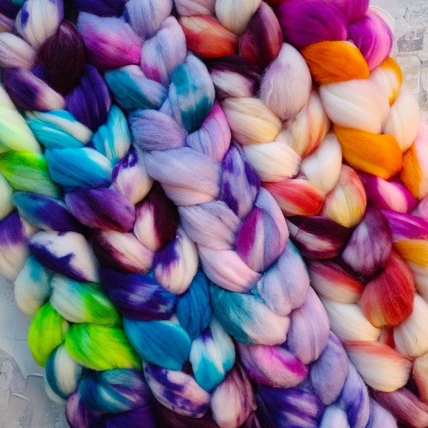 Freestyle Hand-dyed Roving - 75/25 Superfine Merino Wool / Nylon - Perfect for Spinning, Weaving, Felting – 100g each