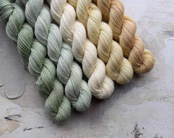 Sunrise gradient set, Hand Dyed Yarn / Handdyed yarn, Sock Yarn, Wool yarn - Jade Green to a Soft Yellow Tan - 10g, 20g, and 50g sets
