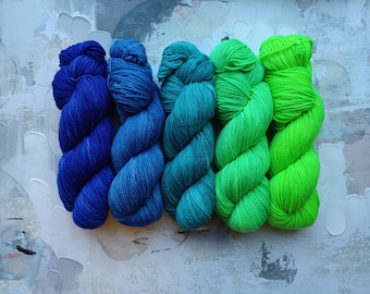 Cool Vibes gradient set, Hand Dyed Yarn / Handdyed yarn, Sock Yarn, Wool yarn - Neon Green, Teal, Indigo Blue - 100g sets