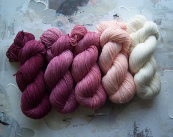 May include: Five skeins of yarn in a gradient of pink, red, and white. The yarn is arranged in a row, with the darkest shade on the left and the lightest shade on the right.