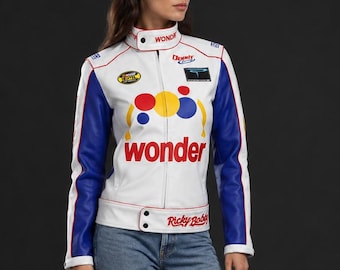 Ricky Bobby Wonder Jacke | Wonder Bread Talladega Nights Kostüm | Weiße Ricky Bobby Rennlederjacke | Halloween-Kostüm