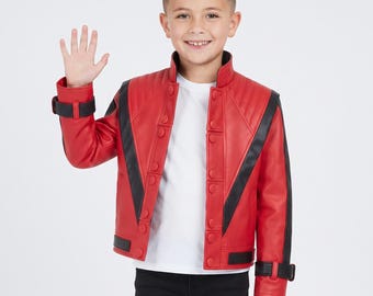 Chaqueta de cuero roja de Michael Jackson de Thriller para niños / Disfraz de estrella del pop de los 80, cosplay de Halloween