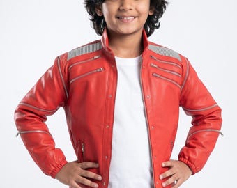 Beat It Michael Jackson Red Leather Kids Jacket, 80s Pop Star Costume