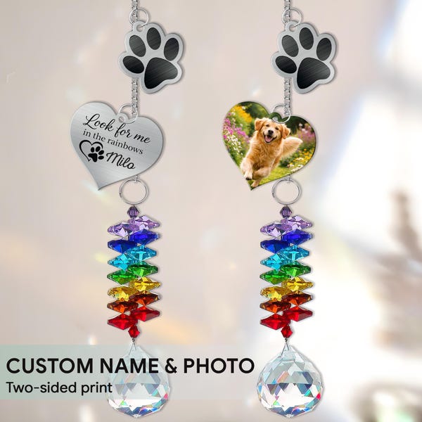 Personalized Pet Memorial Ornament Crystal Suncatcher, Custom Name Photo Rainbow Hanging Charm Keepsake, Rainbow Sympathy Gift For Pet Lover