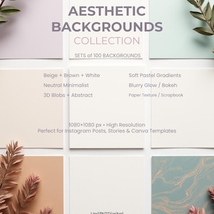 May include: Aesthetic Backgrounds Collection graphic with text. The image features a grid of nine squares with various pastel colors and textures. Text includes "Aesthetic Backgrounds Collection" and "Sets of 100 Backgrounds". Additional text describes the backgrounds.