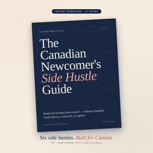 Könnte beinhalten: Ein dunkelblaues Buchcover mit dem Titel "The Canadian Newcomer's Side Hustle Guide" in weißem und rosa Text. Das Cover enthält auch den Text "Sofortiger Download - 37 Seiten" und "Sechs Nebenjobs. Gebaut für Kanada."