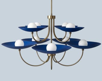 Mid Century Chandelier, Blue Brass Ceiling Light, Modern Multi Arm Pendant, Sputnik Style Lighting, Dining Room Fixture, Designer Chandelier