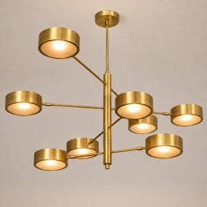 8-Light Brass Chandelier, Mid Century Modern Fixture, Linear Starburst Ceiling Lamp, Dining Room Pendant
