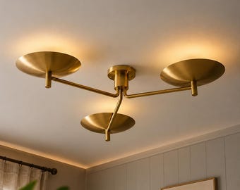 Modern Brass Three Shade Chandelier, Mid Century Semi Flush Mount, Contemporary Home Decor Lighting