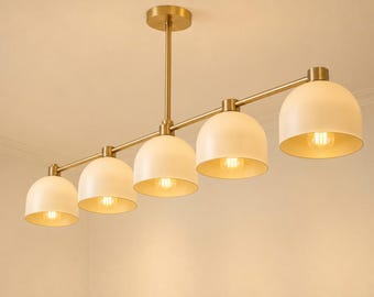 Modern Brass Linear Chandelier, Five Shade Pendant Light, Dining Room Fixture, Minimalist Kitchen Lighting