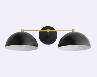 Modern Black & Gold Double Wall Sconce – Mid Century Vanity Light – Adjustable Dual Dome Lighting Fixture – Minimalist Home Decor Lighting