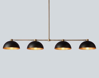Lineaire kroonluchter uit het midden van de eeuw, 4 lichts zwarte messing hanglamp, moderne keukeneilandverlichting, Scandinavische eetkamerarmatuur