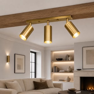 Moderne messing lineaire railspot met verstelbare cilindervormige spot, plafondarmatuur in mid-century stijl, keukenverlichting