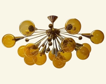 Retro Italian yellow Glass Chandelier – 1950s Brass Sputnik Ceiling Fixture