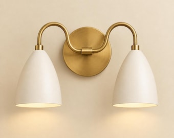 Brass Double Wall Sconce, Mid-Century Modern Light with Cream Cone Shades, Handmade Bedroom Fixture