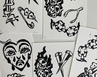 Impresión en linóleo IMPERFECT Flash Sheet. Inspirada en el estilo tradicional americano. Impresión de 5x7 pulgadas. Arte para pared. Decoración del hogar. Grabado en linóleo original.