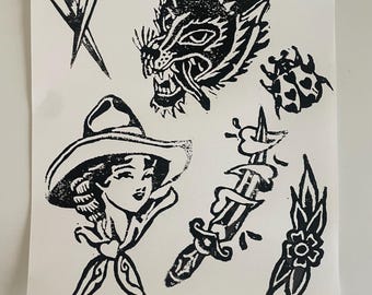 Imperfecte unieke tattoo Flash-blokdruk. Amerikaans traditioneel geïnspireerd. 8 x 10 afdruk. Muurkunst. Woondecoratie. Originele linosnede-afdruk