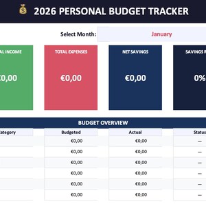 Op de afbeelding: Een digitaal budgettracker voor 2026, met een donkerblauw en wit ontwerp. De tracker toont secties voor totaal inkomen, uitgaven, netto besparingen en spaarrente. De budgetoverzichtstabel bevat categorieën zoals huisvesting en voeding.