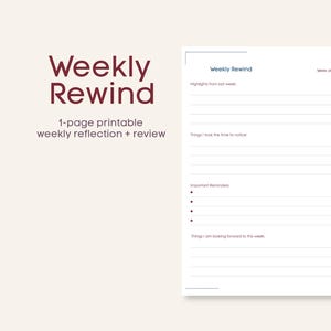 Könnte beinhalten: Ein weißes, einseitig bedruckbares Planerblatt mit dem Titel Weekly Rewind, einer Zeile für die Woche vom, sowie Abschnitten für Highlights der letzten Woche, Dinge, die ich bemerkt habe, wichtige Erinnerungen mit Aufzählungspunkten und Vorfreude auf diese Woche.