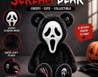 Black Bear Ghost Face Plush, Halloween Stuffed Bear, Cute Spooky Gothic Plush Toy, Horror Bear Gift, Halloween Gift for Ghost Lovers