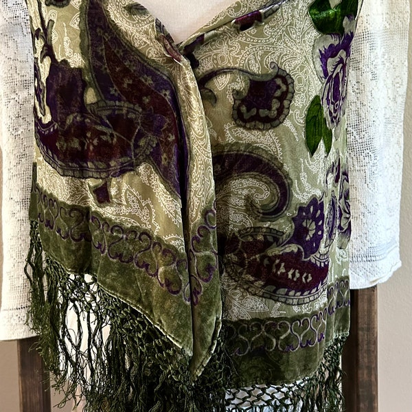 Vintage Silk Velvet Scarf Green Purple Burnout Fringe Wrap Embroidered Devore