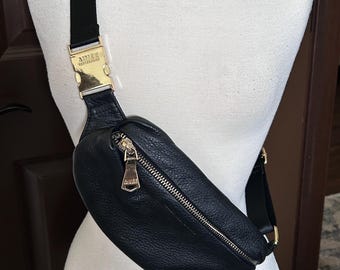 Aimee Kestenberg black leather cross body bag Fanny pack bum bag black leather with gold accents