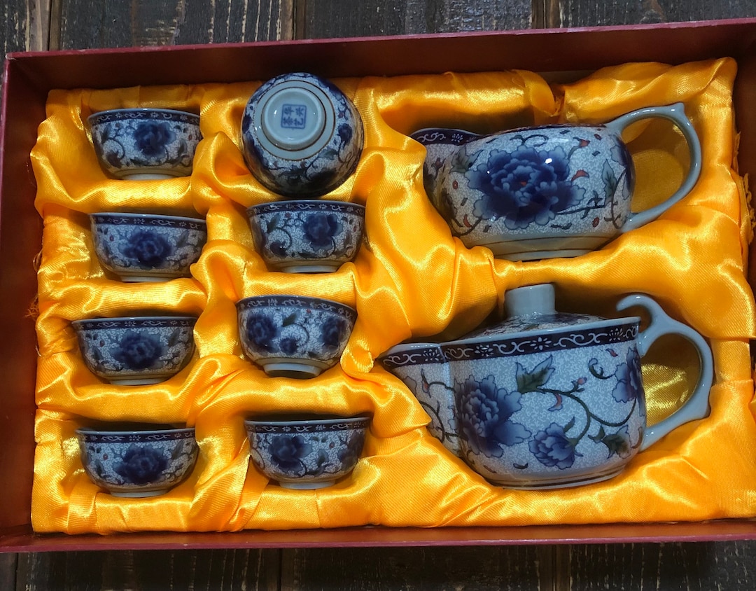 Chinese Kiln Tea Set Blue White Tea Set 6 Serving Asian Tea Service Etsy