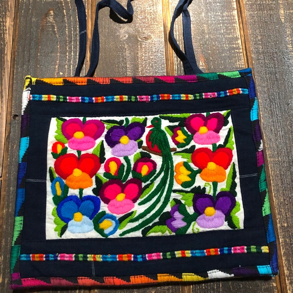 Embroidered Mexican shoulder bag purse embroidered flower Guatemalan artisan fabric purse ethnic purse boho folk art bag
