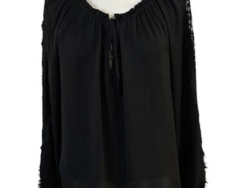 Black long sleeve peasant style blouse with lace inset