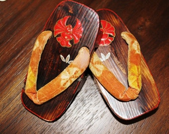 Japanese Geta wooden slippers shoes vintage Asian decor yellow orange wood flip flops children