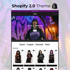 May include: A digital interface for a Shopify 2.0 theme titled Stitch, featuring a hero banner with a person in a black graphic tee, a 30% off promotion, and a product grid displaying various black t-shirts and tank tops labeled as best sellers.