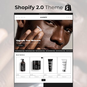 May include: A website mockup for a skincare brand, featuring a dark-skinned person applying cream. The site showcases product listings, including face wash, body butter, sunscreen, and moisturizing cream. The text reads "Shopify 2.0 Theme" and "Upgrade Your Skincare."