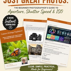 May include: An e-book cover with the text "Finally Understand Your Camera Settings!" and "No More Confusion. Just Great Photos." The guide covers aperture, shutter speed, and ISO. Includes a photo of a butterfly and a camera.