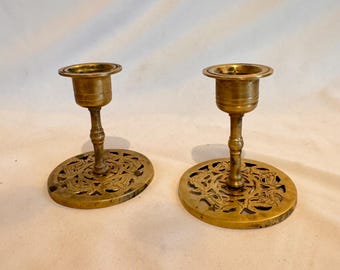 Pair Of Vintage Brass Candlestick Chinese Dragon Base Height 3” Chinoiserie