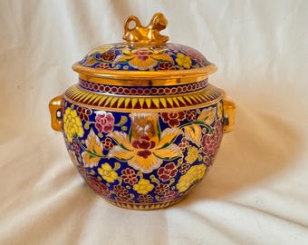 Maitland Smith Thai Benjarong Porslin Handmålad Skål Med Lock Blommig Guld