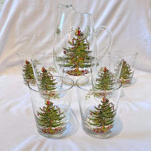 Vintage glazen kan en 6 bekers voor kerstbomen | 2,5 Qt vakantiedrankserver | Glaswerk met kerstman en kerstboommotief