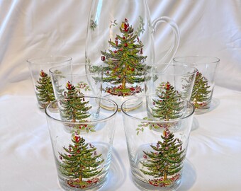 Vintage Spode julgransglaskanna och 6 glas | 2,5 liter juldryckesservering | Glas med motiv av tomten och julgranen