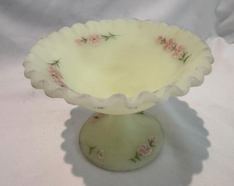 Signed Fenton Satin Glass Pedestal Compote | Hand-Painted Pink Floral Candy Dish | Vintage Milk Glass Centerpiece | Linda Bules