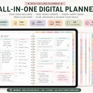 Könnte beinhalten: Ein digitaler All-in-One-Planer auf einem schwarzen Tablet. Er zeigt Tages-, Wochen- und Monatslayouts, Sticker, Cover, Vorlagen und Notizbücher. Der Text auf dem Bildschirm lautet "ALL-IN-ONE DIGITAL PLANNER" und "2025-2028 INCLUDED".